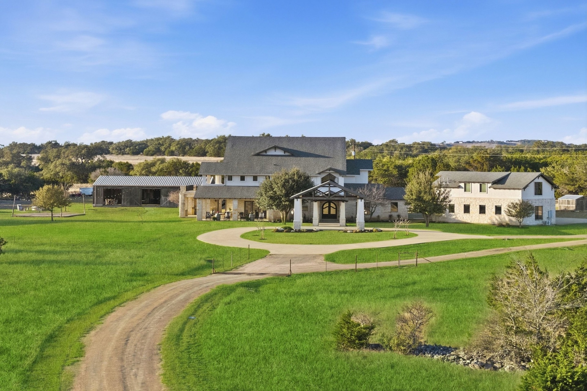 Estate Aerial — Main House, Barn & Casita